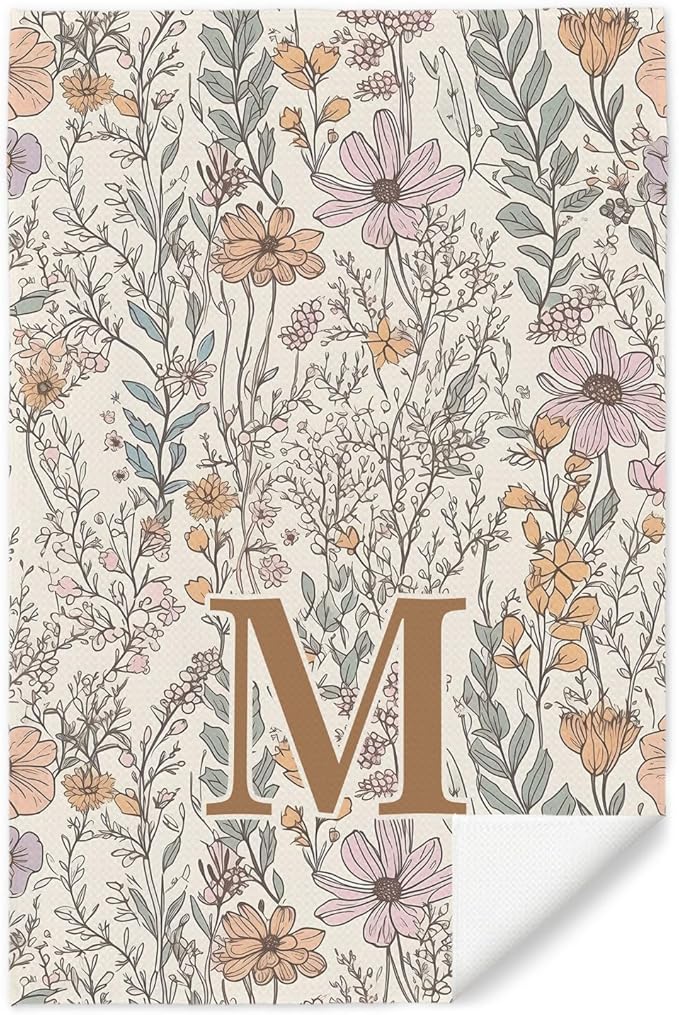 Initial M Personalized Floral Kitchen Towels Dish Towel, Custom Hand Towels for Bathroom, Monogrammed Gifts for Women Mom, Boho Floral Decorative Kitchen Towels Tea Towel, 16x24 Inch