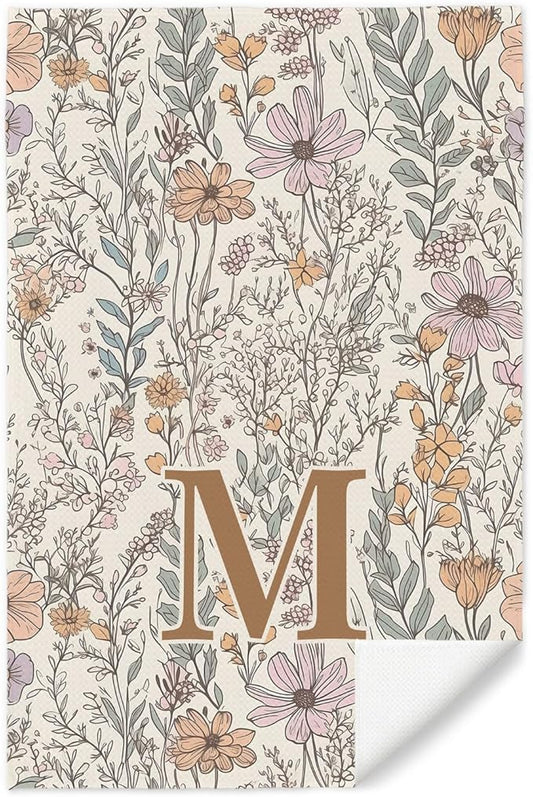 Initial M Personalized Floral Kitchen Towels Dish Towel, Custom Hand Towels for Bathroom, Monogrammed Gifts for Women Mom, Boho Floral Decorative Kitchen Towels Tea Towel, 16x24 Inch