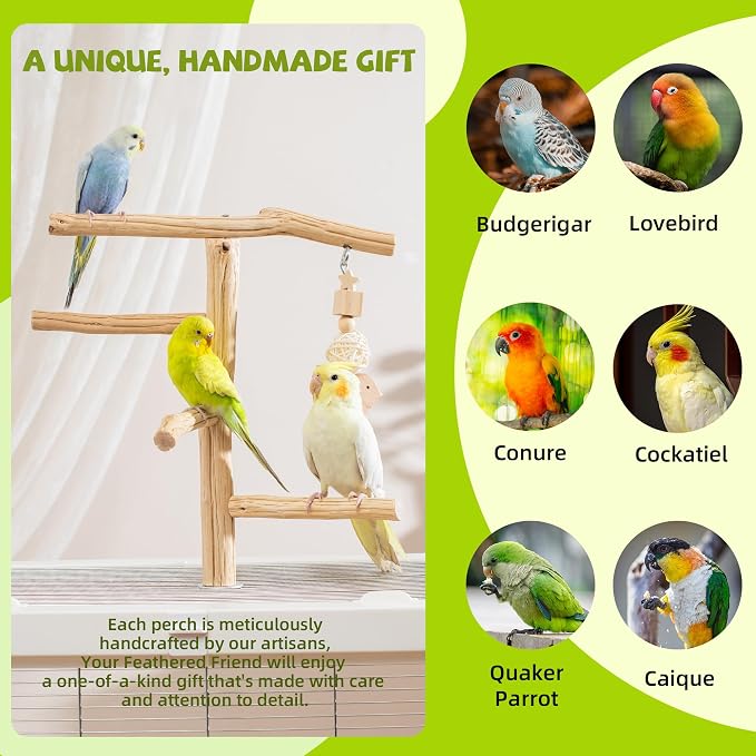 Natural Wooden Bird Perch Stand with Hanging Toy, Bark-Free Solid Wood Parrot Perch for Budgies, Parakeets, Cockatiels and Lovebirds, Inside or Cage Top Bird Playground