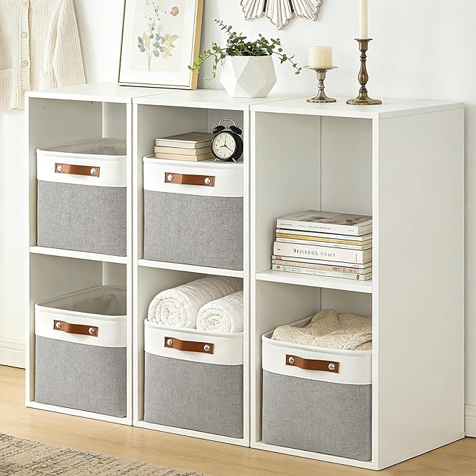 Storage Bins Large Fabric Storage Baskets for Shelves 3 Pack, Decorative Linen Closet Baskets with Handles for Organizing, Shelf, Clothes, Home, Office, 15x11x9.5Inches (Grey&White)