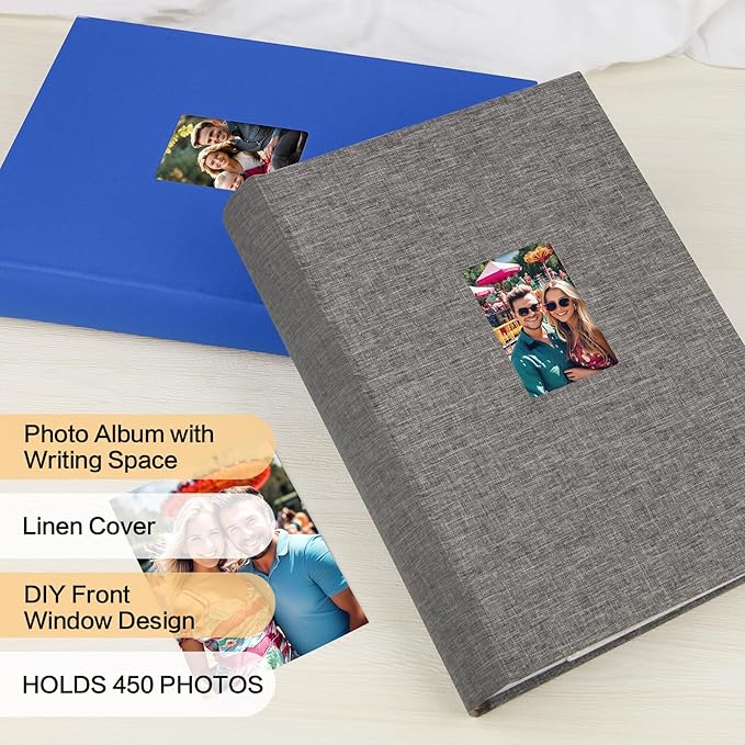 XFveivoo Photo Album 4x6 450 Photos with Writing Space,4 x 6 Photo Book Linen Cover with Front Window, 4x6 Picture Album 450 Photos Photo Album Book for Wedding Kids Travel Family Baby Pictures, Grey