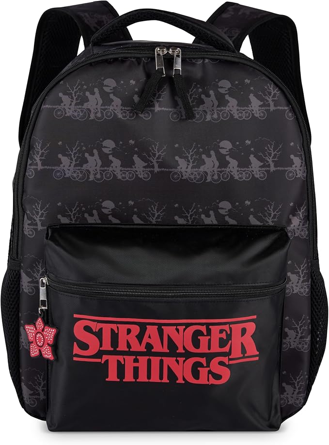 AI ACCESSORY INNOVATIONS Stranger Things Backpack with Character Graphic Pattern, Black, 16x12x5 Inches, Polyester, 3 Pockets, Water Repellent, Adjustable Straps, Padded Back
