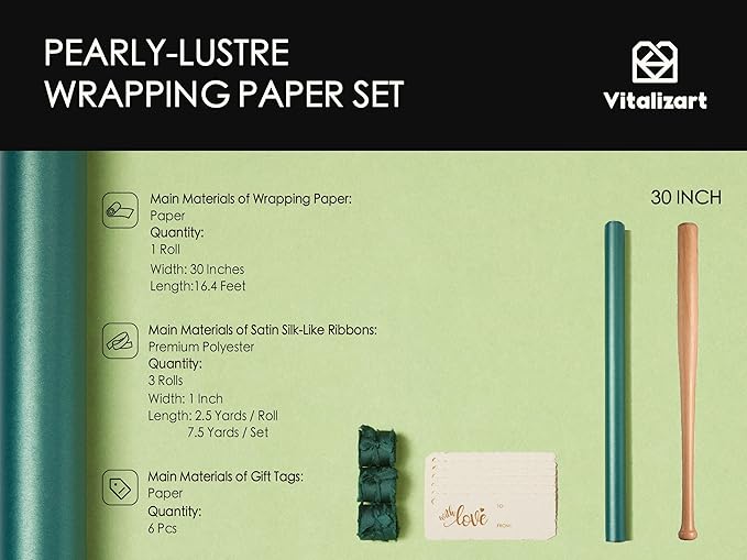 Vitalizart Green Wrapping Paper Set 30" Pearly-Lustre With Silk Like Satin Ribbon & Gift Tags Recyclable Christmas Gift Wrapping Birthday Baby Shower Wedding Handmade Crafts 197"(16.4 Ft)