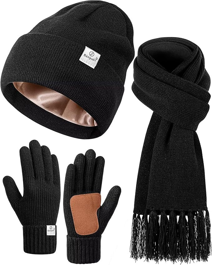 Womens Satin Lined Beanie Scarf Gloves Set, Silk Lined Winter Hats Knit Scarf Gloves, Gift Set Stocking Stuffers For Women