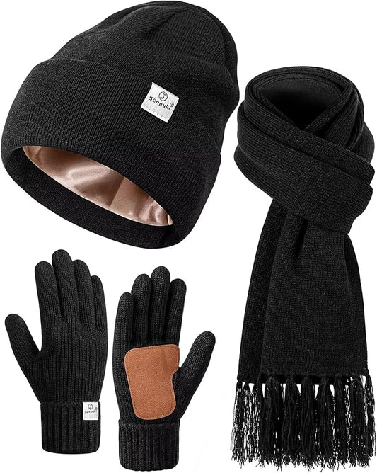 Womens Satin Lined Beanie Scarf Gloves Set, Silk Lined Winter Hats Knit Scarf Gloves, Gift Set Stocking Stuffers For Women