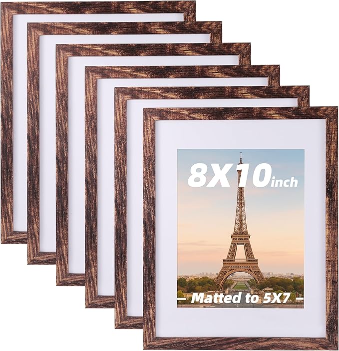 6 Pcs 8x10 Rustic Brown Wood Picture Frame - Display Pictures 5x7 with Mat or 8 x 10 without - Distressed Brown Wooden Photo Frames for Wall Mounting or Table 8 10 Matted to 5x7 Farmhouse Set of 6