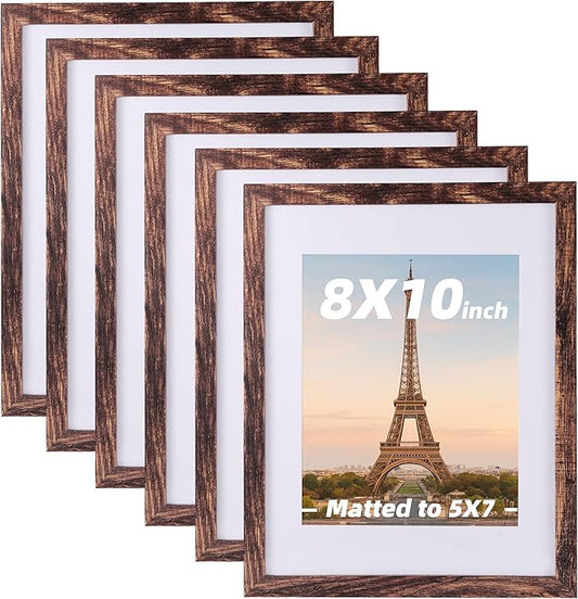 6 Pcs 8x10 Rustic Brown Wood Picture Frame - Display Pictures 5x7 with Mat or 8 x 10 without - Distressed Brown Wooden Photo Frames for Wall Mounting or Table 8 10 Matted to 5x7 Farmhouse Set of 6