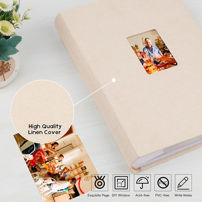 XFveivoo Photo Album 4x6 450 Photos with Writing Space,4 x 6 Photo Book Linen Cover with Front Window, 4x6 Picture Album 450 Photos Photo Album Book for Wedding Kids Travel Family Baby Pictures, Beige