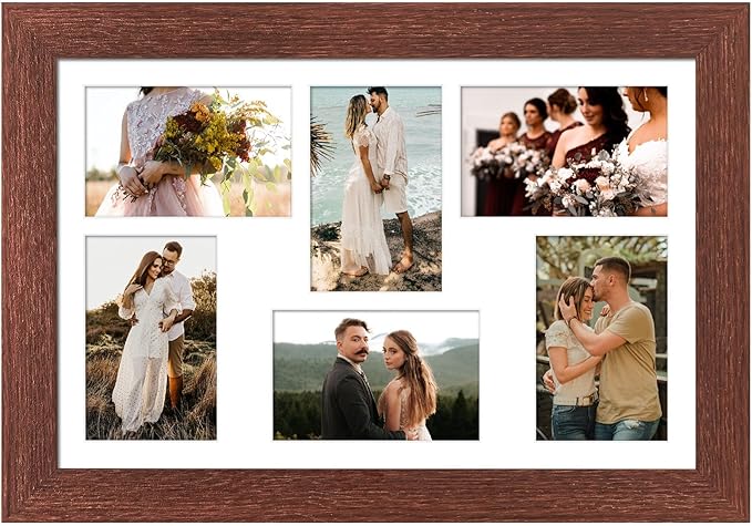 11x17 Picture Frame Display 6 picture frame collage 4x6,Multi Photo Frame with Mat,Plexiglass,Wall Mount Decor,Walnut Wood Grain