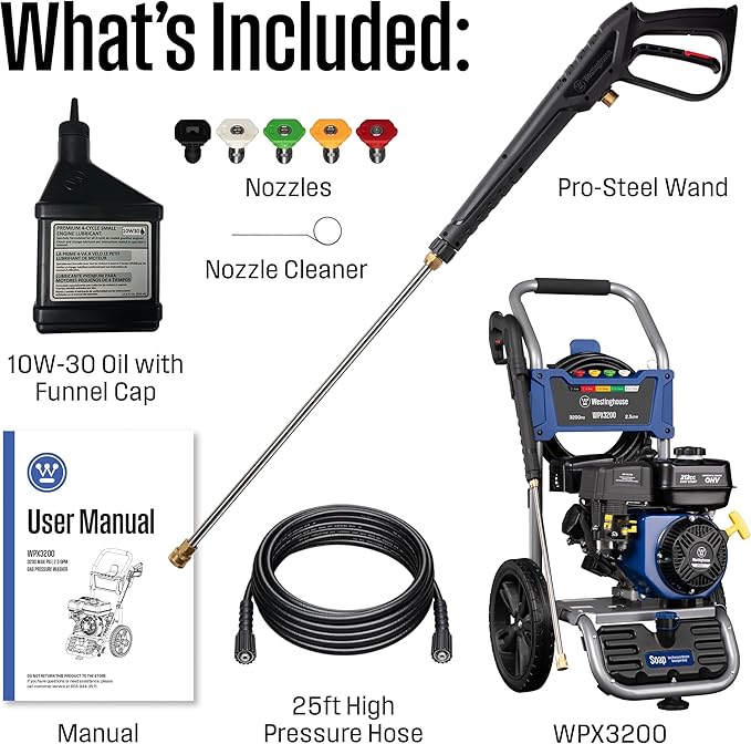 Westinghouse WPX3200 Gas Pressure Washer, 3200 PSI and 2.5 Max GPM, Onboard Soap Tank, Spray Gun and Wand, 5 Nozzle Set, for Cars/Fences/Driveways/Homes/Patios/Furniture