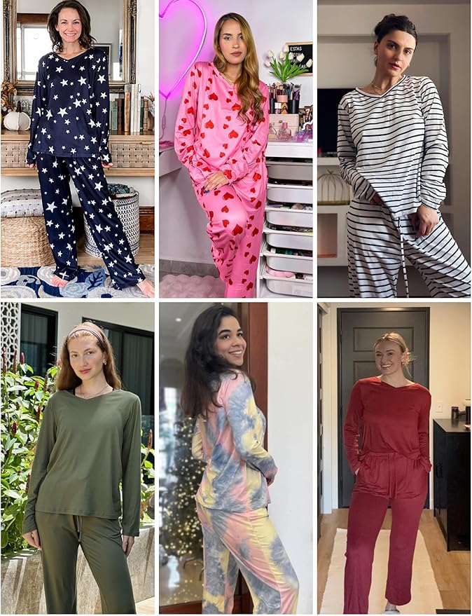 Ekouaer Womens 2 Pack Pajama Set Long Sleeve Pajamas Top and Pants V Neck Pjs Set Soft Loungewear with Pockets