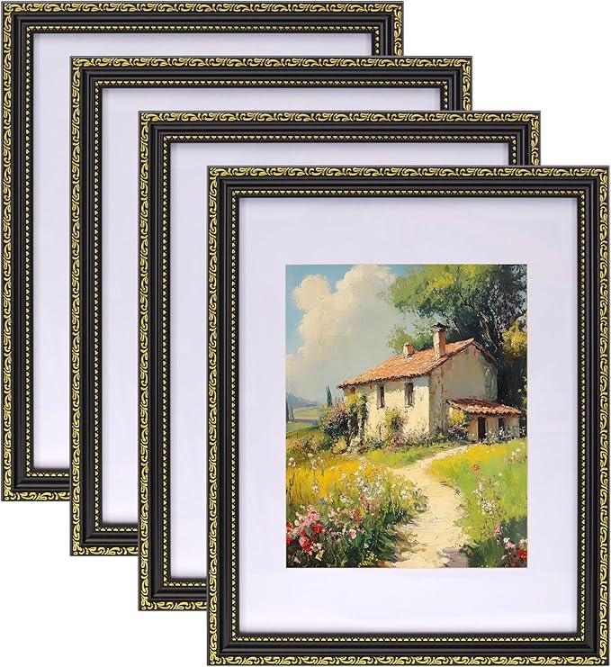 eletecpro 11x14 Picture Frames Set of 4, Vintage Photo Frame with Glass, Black Gold Frames 11 x 14 Display 8x10 Photo with Mat or 11x14 without Mat for Tabletop or Wall Decor, Black Gold