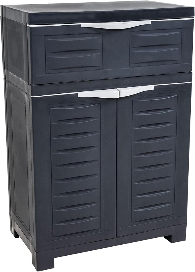Sunnydaze 34.5" H Resin Garage Storage Cabinet - Garage Cabinet with Adjustable Shelf - Freestanding Utility Storage for Laundry Room, Office, Basement - Charcoal