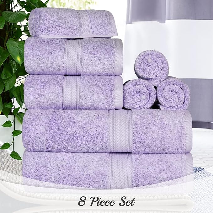 BLUENILEMILLS Madison Egyptian Cotton Towels, Towel Set for Bathroom, Shower, Hotel, Plush, 900 GSM, Highly Absorbent and Ultra-Soft Towels, Bath Essentials, 8 Piece Assorted Towel Set, Purple