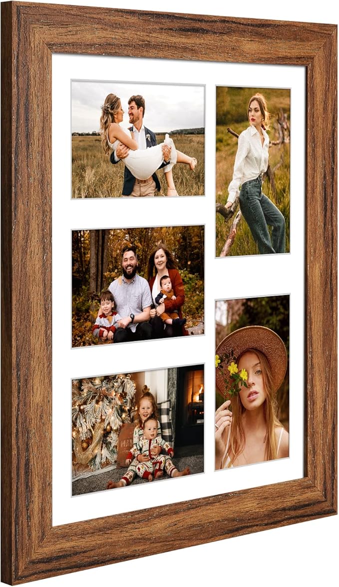11x14 Picture Frame Display 5 opening 4X6 Picture Frame Collage,Multi Photo Frame with Mat,Plexiglass,Wall or Tabletop Decor,Carbonized Brown Wood Grain