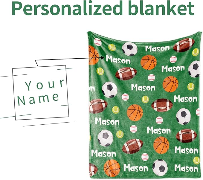 Personalized Ball Blanket with Name for Boys, Custom Name Blanket for Kids Ball, Soft Flannel Ball Toddler Blanket Customized Gift for Birthday Christmas Baby Shower Newborn Gift 30x40in