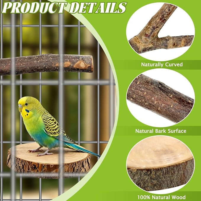 8 Pcs Natural Wood Bird Perch Set for Parakeets & Budgies | Ideal for Small/Medium Birds (Budgies, Conures) | Bark Textures for Foot Health | Tool-Free Wing-Nut | Safe Chewing