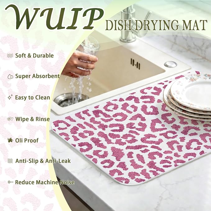 Pink Cheetah Print Dish Drying Mats for Kitchen Counter, Retro Funky Pink Cheetah Absorbent Reversible Coffee Bar Mat Drying Pad for Leopard Print Kitchen Decor, 12x15 Inch