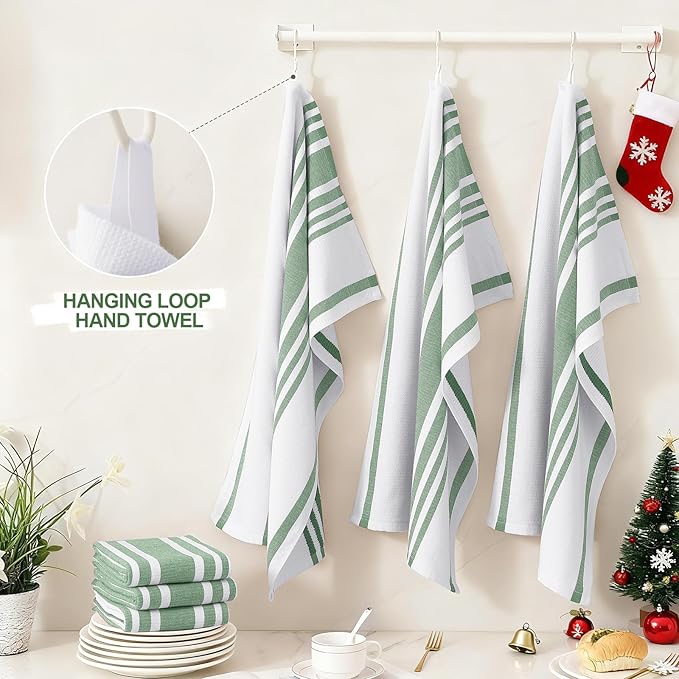 Homaxy Premium Kitchen Towels 18”x 28”, Large Cotton 380 GSM Kitchen Hand Towels, Stripe and Terry Dish Towel, Highly Absorbent Tea Towel Set with Hanging Loop, 8 Pack, Grass Green