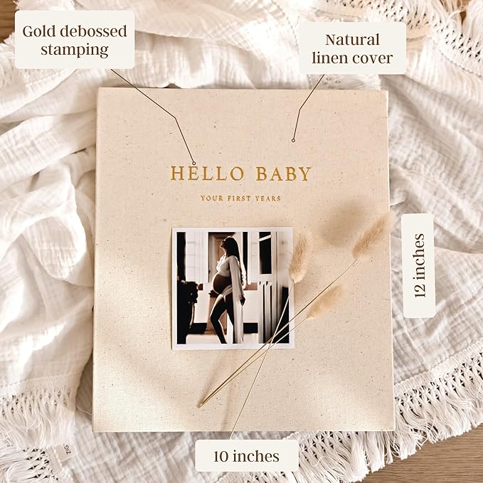 Peachly Unisex Baby Memory Book | Minimalist First Year Baby Book Keepsake for Milestones | Baby Scrapbook for Boy or Girl | Natural Linen - Forest