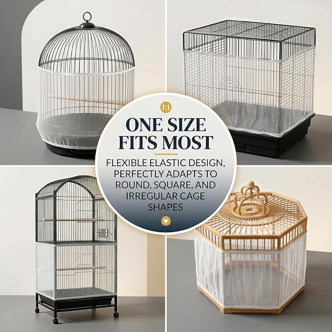 RAINFLOW 2 Pack Bird Cage Seed Catcher - Adjustable Bird Cage Skirt | Black & White, Fits 55-100 in Circumference, 16 in High, Breathable Seed Guard for Parrot, Parakeet and Cockatiel Cages