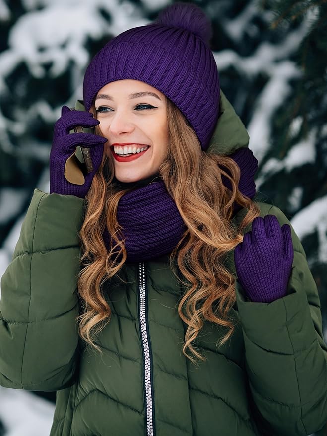 LOROME Women Winter Beanie Hat Scarf Gloves Set, Fleece Knitted Pompom Hat Warm Neck Scarf Touchscreen Gloves Winter Gift