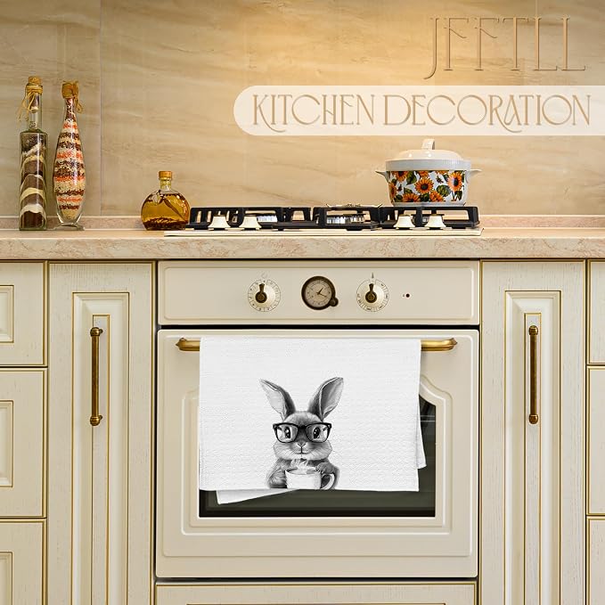 Funny Bunny Kitchen Dish Towels, Gifts for Bunny and Coffee Lovers, Black and White Rabbit Decorative Hand Tea Towels for Coffee Bar Station Kitchen, 16x24 Inch