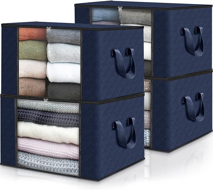 Fab totes Storage Bags,Clothes Blanket Storage Bins Foldable Closet Organizers with Reinforced Handle for Home Dorm Storage and Organization,Fabric Bags for Organizing Sheets,Clothing (Blue,4 Pack)