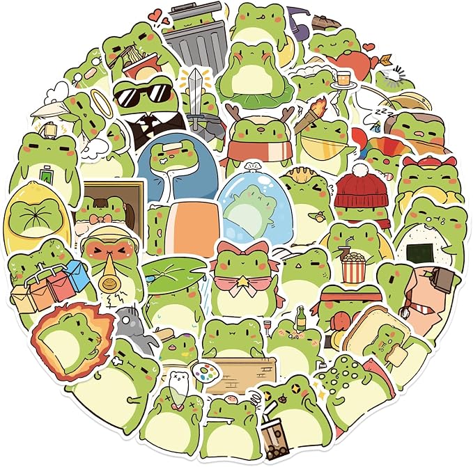 50Pcs Frog Stickers for Kids Teens Adults, Vinyl Cartoon Animals Decals Kawaii Sticker for Decor Water Bottles Laptops Guitar Scrapbook (Frog)