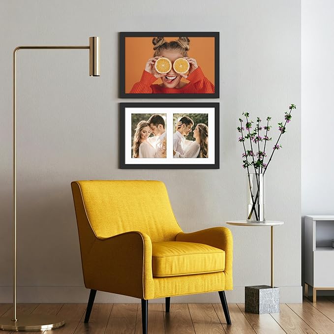 12x19 Double Picture Frame 8x10 Displays Two 8x10 inch Photos Collage Available Horizontal Wall Mounting Display and Vertical Black