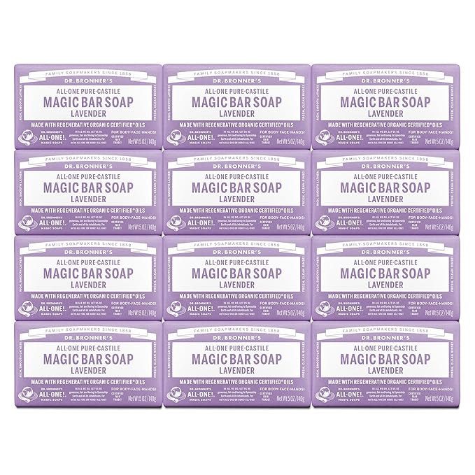 Dr. Bronner's Pure-Castile Magic Bar Soap (Lavender, 5 Ounce, 12-Pack) - Made with Regenerative Organic Certified Oils, For Face, Body & Hair, Gentle & Moisturizing, Biodegradable, Vegan, Cruelty-free