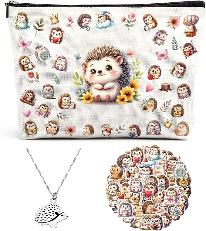 Hedgehog Gifts for Women - 52 Pcs Hedgehogs Accessories Set | Makeup Bag with Stickers Necklace Christmas New Year Party Birthday Gift for Daughter Niece Sister Friend Bestie Animal Lover