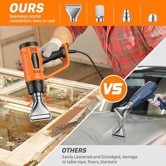 SEEKONE Heat Gun 1800W Heavy Duty Fast Heat Hot Air Gun Kit with 752℉&1112℉（400℃-600℃） Dual-Temperature Settings and 4 Nozzles with Overheat Protection for Crafts, Shrinking PVC, Stripping Paint