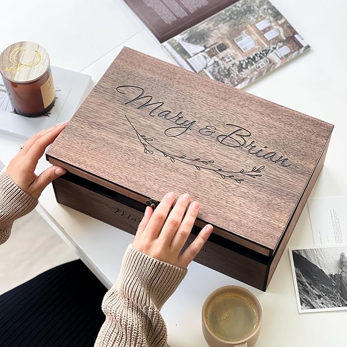 Personalized Memory Wooden Keepsake Decorative Letter Box with lock hinged lid – Custom Wedding Engagement Couple gift for Him, Her, Boyfriend Girlfriend Friend Time capsule box (Walnut)