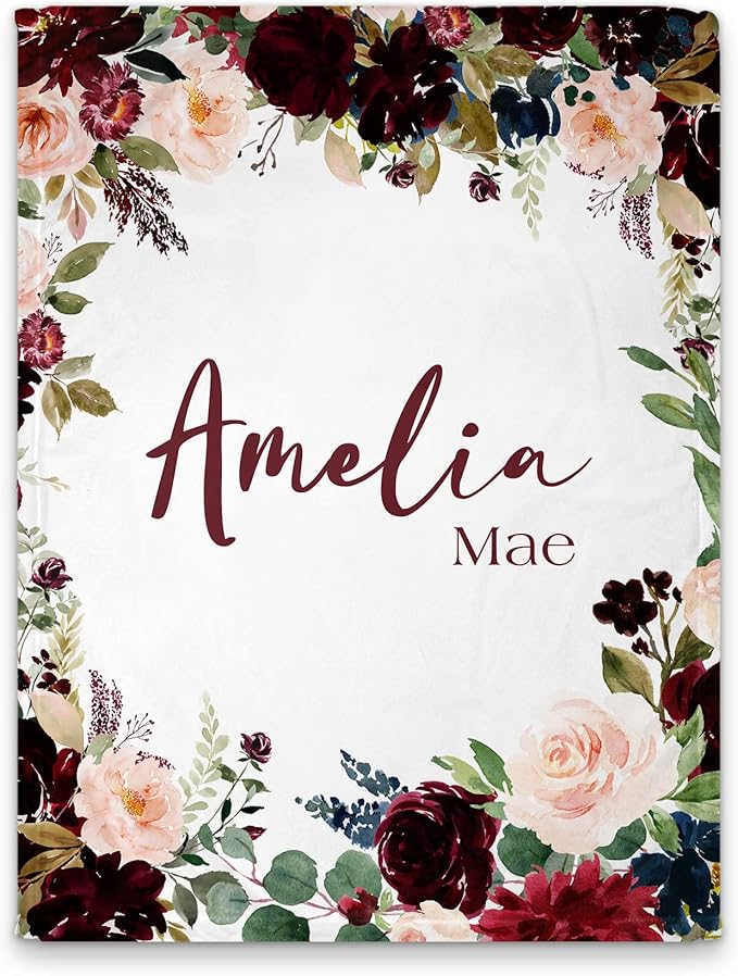 Girls Love A Monogram - Personalzied Floral Baby Blankets for Girls - Custom Baby Blankets for Girls with Name - Personalized Baby Girl Shower Gifts (Maroon & Navy 2, 50 X 60 Kids)