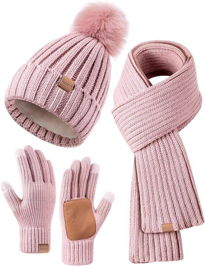 Winter Beanie Hat Scarf Gloves Set for Women, Womens Beanie with Pom Pom Long Scarf Neck Warmer Touchscreen Gloves 3 in 1 Set