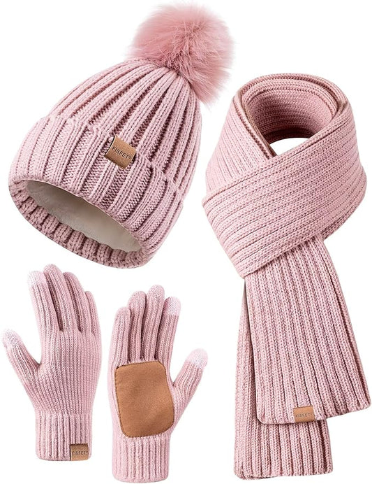 Winter Beanie Hat Scarf Gloves Set for Women, Womens Beanie with Pom Pom Long Scarf Neck Warmer Touchscreen Gloves 3 in 1 Set