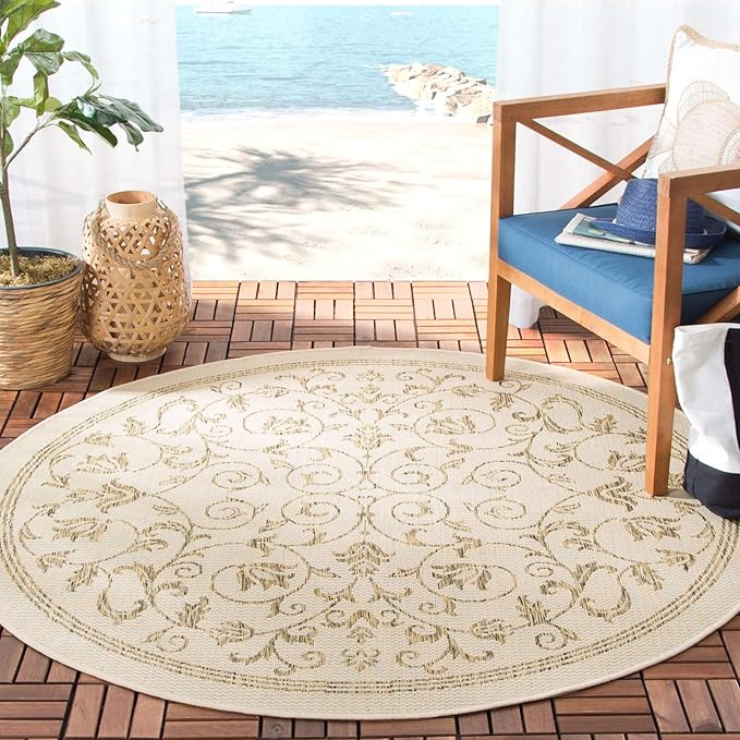 SAFAVIEH Washable Rug Outdoor Courtyard Collection - 6'7" Round, Natural & Brown, Non-Shedding & Easy Cleaning, Ideal for Patio, Backyard, Mudroom (CY2098-3001)