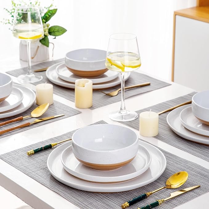 AmorArc Ceramic Dinnerware Sets for 4, 12 Pieces Handpainted Plates and Bowls Set with Rustic Terracotta Underside, Scratch Resistant Stoneware Dishes Set, Dishwasher & Microwave Safe, White