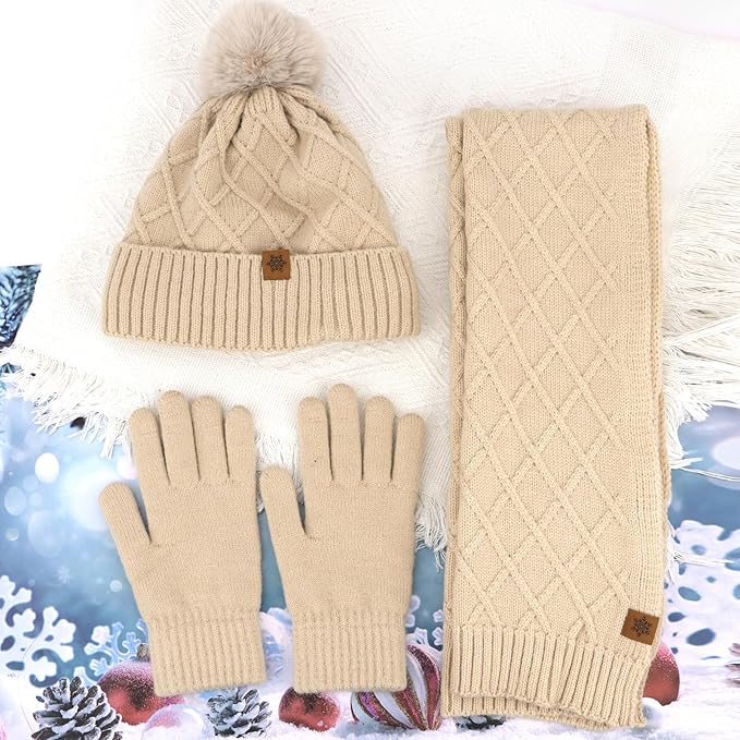 YARIEW Winter Hat Scarf and Gloves Set for Women, Warm Knitted Beanie with Pom Pom, Soft Ear Warmer Scarf, Warm Gloves