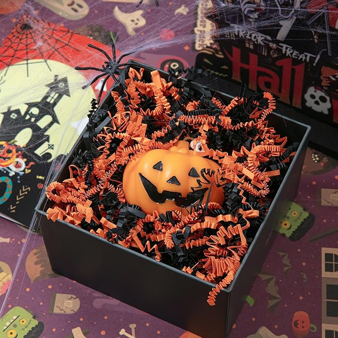 1/2 LB Halloween Crinkle Cut Paper Shred Filler 8 oz Black & Orange Crinkle Shredded Paper for Gift Basket - Gift Box Bag Filler - Grass Cushion Stuffing for Halloween Packaging Wrapping