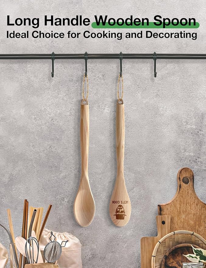 Funny Let's Cook Wooden Spoons for Cooking, Salad Mixing Stir Serving Spoon, Engraved Wood Spoons Kitchen Decor Accessories, Father's Day Birthday Gifts for Chef Dad Husband