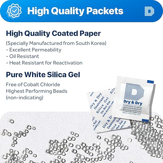 Dry & Dry Silica Gel Packets Desiccants - Rechargeable Silica Gel Packs, Desiccants Packets, Silica Gel - White - 200 Packets (1 Gram)