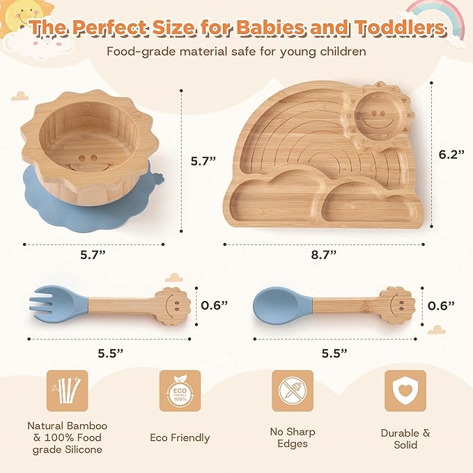 Bamboo Suction Plates Bowls Set for Baby Toddler - Includes Bamboo Bowl, Divided Plate, Silicone Fork & Spoon, All-Natural Baby Feeding Set for Baby-Led Weaning