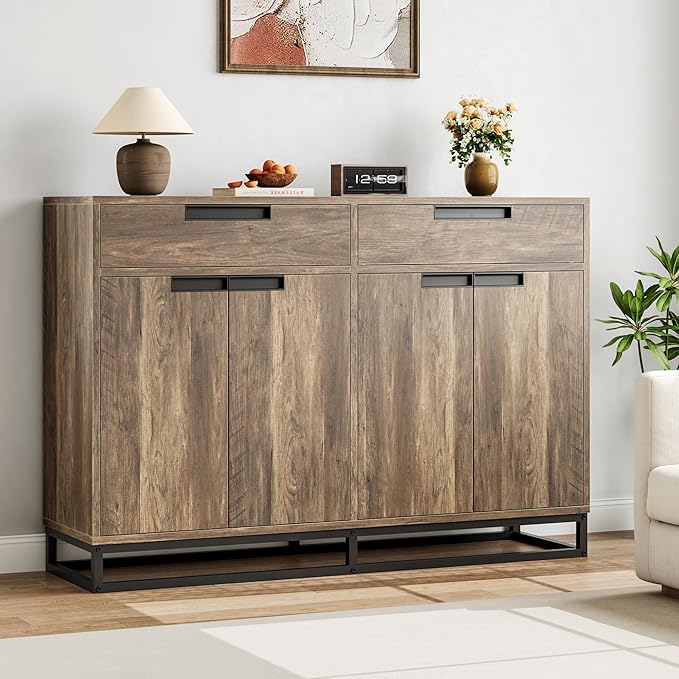 Garvee Kitchen Buffet Cabinet 55 Inch Large Modern Sideboard with 2 Drawers and 4 Doors, Coffee Bar Buffet Table for Kitchen and Dining Room, Brown