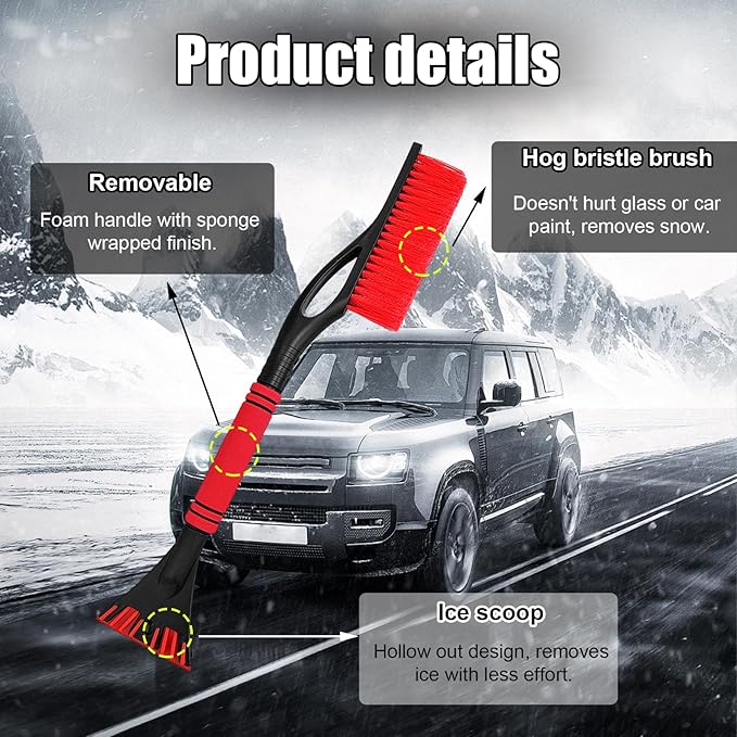 Car Snow Brush and Ice Scraper, Multi-Functional Detachable Snow Brush with Foam Grip, Ice Snow Removal Cleaning Tool for Car Windshield Window, Universal Car Accessories (Red)
