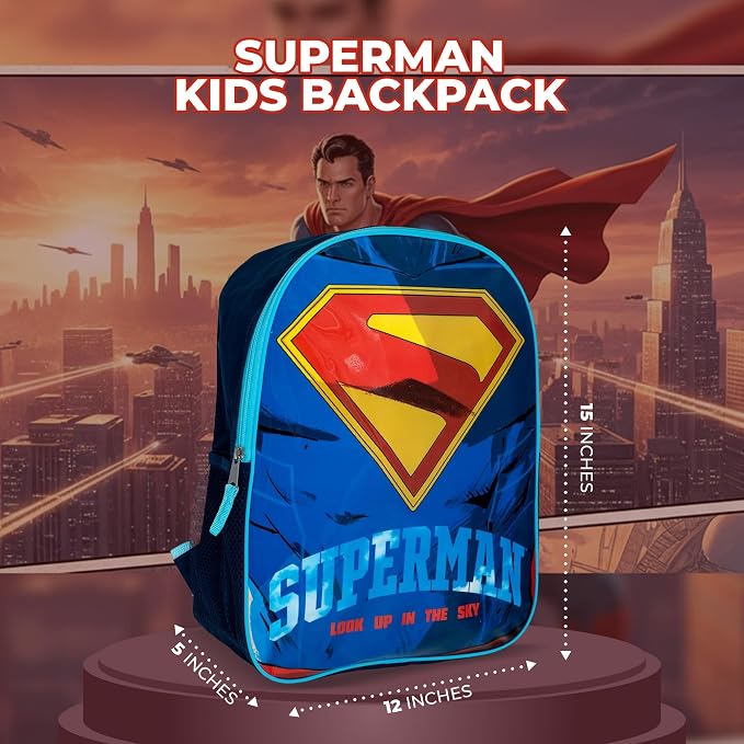 Superman Backpack, 15" Superhero School Bag for Boys, Blue