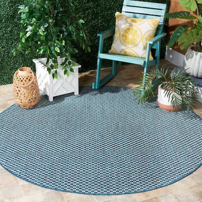 SAFAVIEH Washable Rug Outdoor Courtyard Collection - 9' Round, Turquoise & Light Grey, Non-Shedding & Easy Cleaning, Ideal for Patio, Backyard, Mudroom (CY8653-37221)