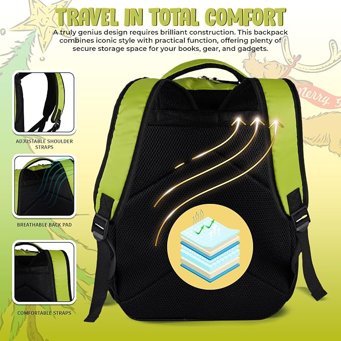 AI ACCESSORY INNOVATIONS Dr. Suess’s The Grinch Backpack for Boys & Girls Featuring a Big Face Grinch, 16”Bookbag w/Molded Nope Dangle, Green