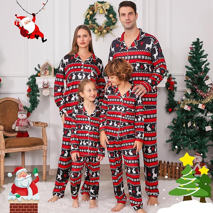 ANGELGGH Family Christmas PJs Matching Sets 2 Pcs Festival Party Pajamas Holiday Warm Sleepwear Couples Button Loungewear